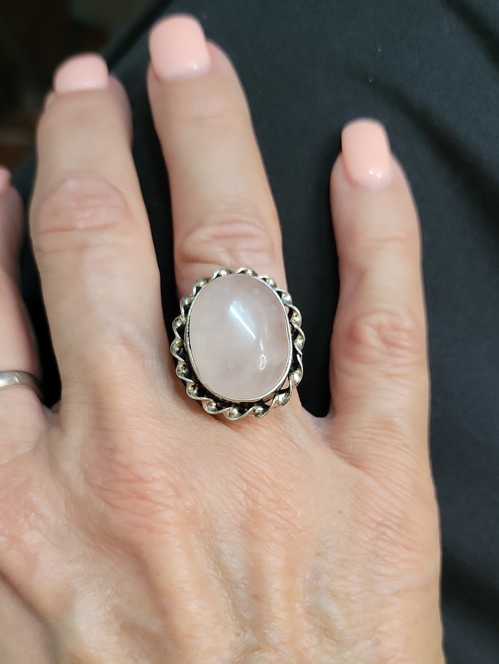 Vintage Style 925 Sterling Silver Rose Quartz Oval Statement Ring - Boho